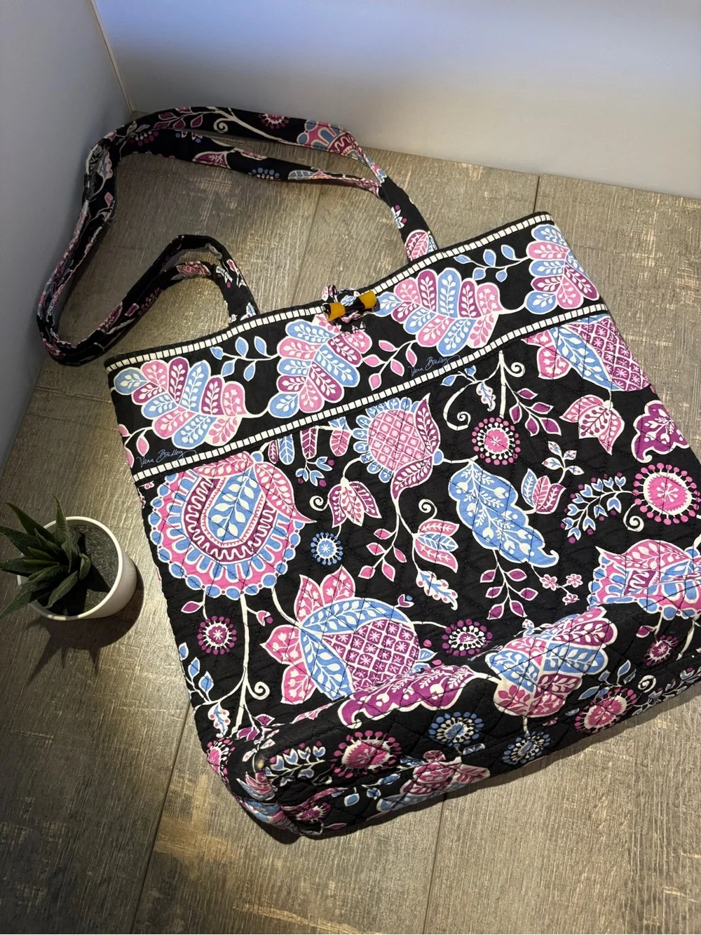 Vera Bradley Black Quilted Floral Tote with Pink & Light Blue